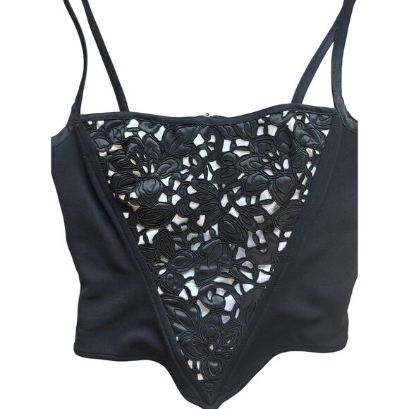 Vintage 1990s Cache by Tadashi Black White Floral Corset Top 6 S/M Lace Overlay - Picture 1 of 7